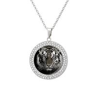 Collier avec image personnalisée de tigre noir et blanc - Collier avec chaîne circulaire de 50,8 cm - Pendentif rond - Collier photo commémoratif pour la Saint-Valentin, One size, Acier titane, Strass