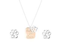 Collier Avec Médaille Pour Chien À Empreinte De Patte Bicolore Bff Pet Lover Plaqué Or Rose Et Ensemble De Boucles D'Oreilles Clous Avec Accent CZ Pour Femmes Et Adolescentes En Argent Sterling .925
