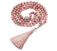 Collier Avec Pendentif À Franges et Pompon Tricoté À La Main,Pierre Naturelle de Rhodonite,108 Perles Mala,Pour Femmes,Bijoux Ethniques,Bohème,Prière,Yoga,Cadeaux,Étiquette Arbre de Vie de 8 Mm