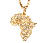 Collier avec Pendentif Afrique Carte pour Femmes/Hommes/Unisexe Bijoux Éthiopiens Plaqué 18K avec Brillant AAA+CZ Gros Cartes Africain Hip-hop Bijoux Africain Avez Chaîne 55+5CM(22+2")