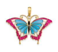 Collier avec pendentif ailes d'ange papillon émaillé bleu et rouge en or jaune massif 10 carats 31 mm pour femme