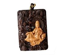 Collier avec pendentif Bouddha sculpté à la main, motif dragon en bois, bois de santal avec accents dorés, 5*7CM, Bois de santal, Sans pierres précieuses