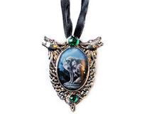 Collier avec pendentif camée de loup cabochon ovale en forme de deux loups hurlants et nœud celtique avec deux cristaux synthétiques, ruban - Illustration par Anne Stokes