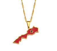 Collier avec Pendentif Carte du Maroc - Pendentif Ethnique avec Drapeau et Carte du Royaume du Maroc - Bijou Patriotique Tendance for Homme et Femme, Cadeau d'anniversaire, Or