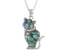 Collier avec pendentif chat, incrusté d'ormeau naturel bleu vert, 45,7 cm, par Kiara JewelleryPlaqué en rhodium argenté qui ne ternit pas.