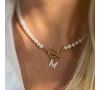 Collier avec pendentif classique initiale chaud. Lettres A-Z. Fermoir à bascule. Collier de perles fausses de 6 mm pour femmes. Bijou cadeau L,M,S,H,A,T,O,X,B,C,D,E,F,G,I,J,K,N,P,Q,R,U,V,W,Y,ZAcier in
