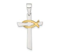Collier avec pendentif croix religieuse en argent sterling 925 doré de 15,9 mm avec ichthus animal marin poisson pour femme