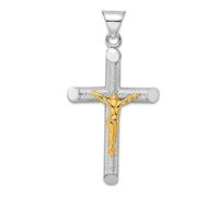 Collier avec pendentif crucifix en argent sterling 925 plaqué rhodium et ton or poli et texturé pour femme 19,8 mm