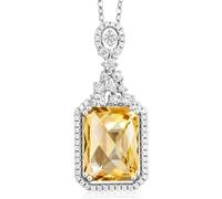 Collier avec pendentif en citrine jaune et diamant blanc (8,22 carats, pierre de naissance, émeraude, 14 x 10 mm, avec chaîne en argent de 45,7 cm), Argent sterling, Zircone cubique Citrine