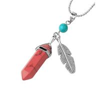 Collier Avec Pendentif En Cristal De Guérison Pour Femmes Et Hommes, Collier Vintage En Plumes, Pendentif En Pierre Hexagonale En Spirale Avec Longue Chaîne En Argent De 60 Cm, Turquoise Rouge