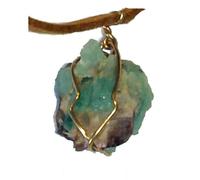 Collier avec pendentif en émeraude naturelle, pierre précieuse verte, cordon en cuir velours marron doré plaqué or 18 carats