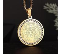 Collier avec pendentif en forme de croix de Jésus en acier inoxydable incrusté de zircons étincelants - Amulette de prière Saint Benet - Cadeau porte-bonheur pour homme et femme