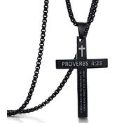Collier avec pendentif en forme de croix en acier inoxydable avec verset de | Proverbs Chaîne avec pendentif verset biblique 4:23 61 cm Trois choix de couleurs : noir, or, argent