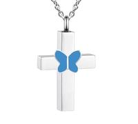 Collier avec pendentif en forme de croix et papillon bleu - Souvenir funéraire - Souvenirs funéraires
