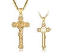 Collier avec pendentif en forme de croix pour homme plaqué or 14 carats - Médaille de prière de Christophe Dieu Lords - Bijou religieux chrétien - Pour baptême, première communion, anniversaire de