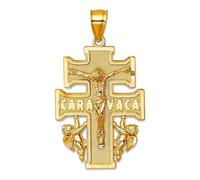Collier avec pendentif en forme de croix religieuse Cara Vaca en or jaune massif 14 carats poli et texturé pour femme 19,6 mm