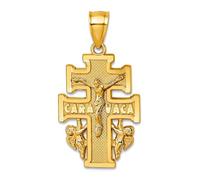 Collier avec pendentif en forme de croix religieuse Cara Vaca en or jaune massif 14 carats poli et texturé pour femme 15,5 mm