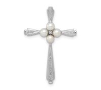 Collier avec pendentif en forme de croix religieuse en argent sterling 925 plaqué rhodium poli avec diamant et perle de culture d'eau douce 30 x 20 mm de large pour femme