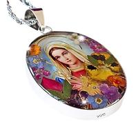Collier avec pendentif en forme de cœur immaculé en argent sterling 925 avec chaîne en acier inoxydable de 50,8 cm - Médaille Sainte Famille - Médaille Vierge Maria Lady Guadalupe - Fleur pressée