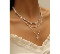 Collier avec pendentif en forme de disque argenté - Style vintage - Pour | Trois chaînes graduées combinent un gros maillon, des brins texturés fins et un disque rond pour un look d'inspiration