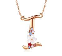 Collier avec pendentif en forme de lettre initiale en forme de fleur rose, rouge et bleu, bijou fabriqué avec des cristaux autrichiens, plaqué or rose, cadeau d'anniversaire pour femme, 45,7 cm + 5,1