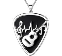 Collier avec pendentif en forme de note de musique en forme de guitare - En acier inoxydable argenté - Pour cendres - Symbole de musique noir - Avec découpe en forme de cœur - Chaîne de blé réglable