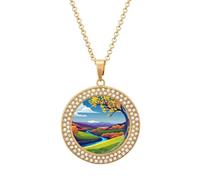 Collier avec pendentif en forme de plaque d'identité ronde avec image d'arbres et de montagnes - Collier souvenir de Saint-Valentin - 50,8 cm, One size, Acier titane, Strass