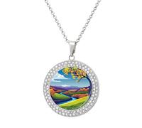 Collier avec pendentif en forme de plaque d'identité ronde avec image d'arbres et de montagnes - Collier souvenir de Saint-Valentin - 50,8 cm, One size, Acier titane, Strass