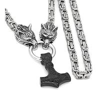 Collier avec pendentif en forme de tête de loup - Marteau de Thor nordique - Mjolnir - En acier inoxydable - 80 cm - Sans pierre précieuse