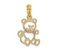 Collier avec pendentif en forme d'ours en peluche doré 14 carats avec nœud papillon rose 10 mm pour femme