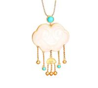 Collier avec pendentif en jade Hetian naturel pour femme, chaîne de pull en argent sterling avec pompon et cadenas de bons vœux