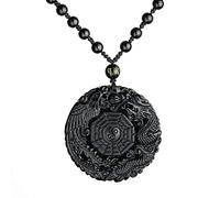 Collier avec pendentif en obsidienne noire naturelle sculptée à la main dragon et phénix porte-bonheur pour homme et femme