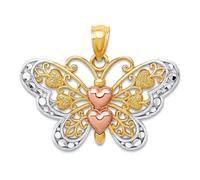 Collier avec pendentif en or jaune 14 carats et rhodium deux tons polis en forme d'ailes d'ange papillon 20 x 24 mm de large pour femme