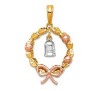 Collier avec pendentif en or massif 14 carats de 16,45 mm - Deux tons - Plaqué rose - Couronne polie avec clochette - Pour femme