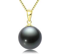 Collier avec pendentif en perles noires de Tahiti - Or 18 carats - Collier de perles de culture des mers du Sud - Pour femmes et filles - Avec chaîne en argent, Or, Perle noire, perle de culture