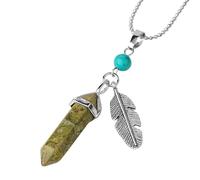 Collier Avec Pendentif En Pointe De Cristal De Guérison Pour Femmes Et Hommes, Collier Vintage En Plumes, Pendentif En Pierre Hexagonale En Spirale Avec Longue Chaîne En Argent De 60 Cm, Unakite