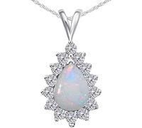 Collier avec pendentif halo opale blanche en argent sterling 925 : pierre précieuse et accents de diamant, chaîne 18 - 6 x 4 mm pierre de naissance pour femme - Élégance intemporelle