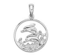 Collier avec pendentif ovale en argent sterling 925 plaqué rhodium poli avec dauphins nageurs pour femme