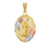 Collier avec pendentif ovale en or jaune 14 carats poli et satiné et rhodié et étincelant Lady of Guadalupe 41,6 x 22,45 mm de large, 2 mm d'épaisseur - Pendentif pour femme