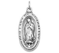 Collier avec pendentif ovale Notre-Dame de Guadalupe en argent sterling 925 oxydé - 29,5 mm x 14,5 mm