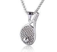 Collier avec pendentif raquette de tennis pour femme - Pendentif sur le thème du sport -idéal pour les joueurs de tennis, les amateurs de tennis, entraîneur, gris, Acier inoxydable