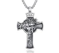 Collier avec pendentif religieux en acier inoxydable avec visage de Jésus et crucifix du Christ, finition antique pour homme, chrétien, délicat, tendance, collier en forme de croix pour homme, garçon,