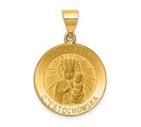 Collier avec pendentif réversible en or jaune 14 carats poli et satiné Matka Boska CZ imitation diamant 26,5 x 18,5 mm pour femme
