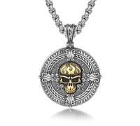 Collier avec pendentif rond en acier inoxydable doré en forme de tête de mort pour homme et femme, collier à breloques en forme de crâne viking pour homme et femme, chaîne de 61 cm