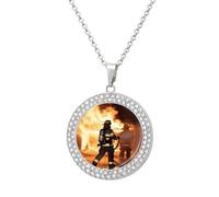 Collier avec pendentif rond en diamant et flamme de pompier avec chaîne réglable de 50 cm et fermoir mousqueton personnalisé pour couple d'amitié, à porter au quotidien