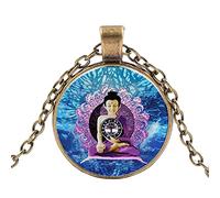 Collier avec pendentif rond en forme de lotus avec statue de Bouddha Arbre de vie Symbole Om Bouddhisme Zen Méditation Cristal