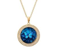 Collier avec pendentif rond en forme de papillon bleu avec chaîne réglable de 50 cm et fermoir mousqueton pour femme, bijou commémoratif personnalisé pour couple d'amitié, à porter au quotidien