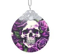 Collier avec pendentif rond en verre - Plusieurs têtes de mort roses violettes - Idéal pour la maison, le jardin, les fêtes, Noël, les décorations