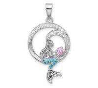 Collier avec pendentif sirène en argent sterling 925 plaqué rhodium poli et oxydé de zircones cubiques synthétiques pour femme 18 mm