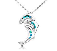 Collier avec pendentifs en Argent Sterling 925, Opale de feu Bleue, Pendentif Dauphin Parent-Enfant, Bijoux pour Femmes